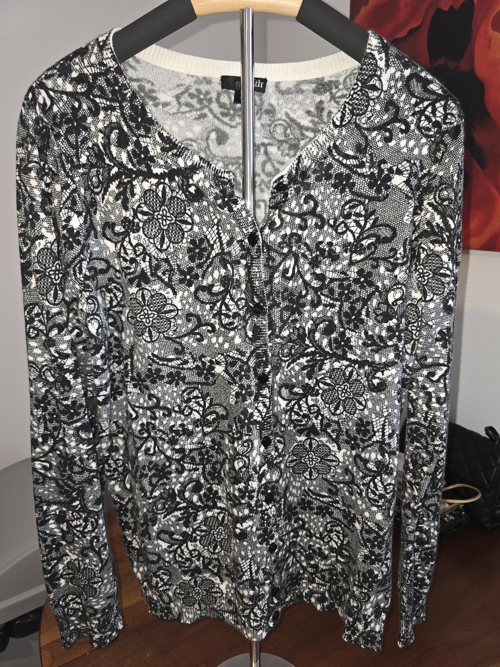 east5th Black & White Floral Knit Cardigan, Size XL, Like New
